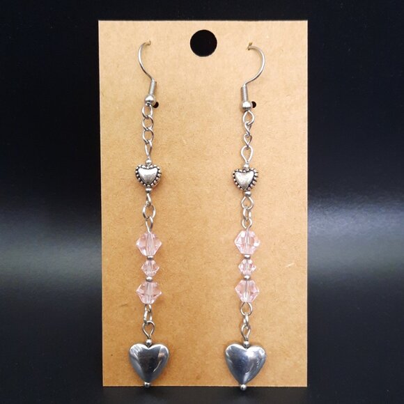 Hematite Heart Love Silver Pink Dangle Drop Earrings Handmade Jewelry - Picture 2 of 7
